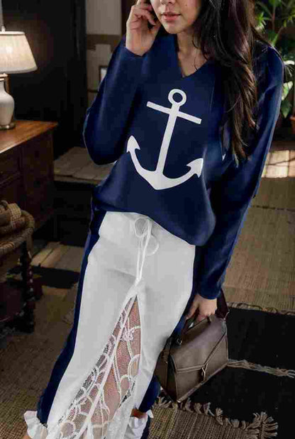 anchor print v neck long sleeve t shirt trousers two piece suit 125367