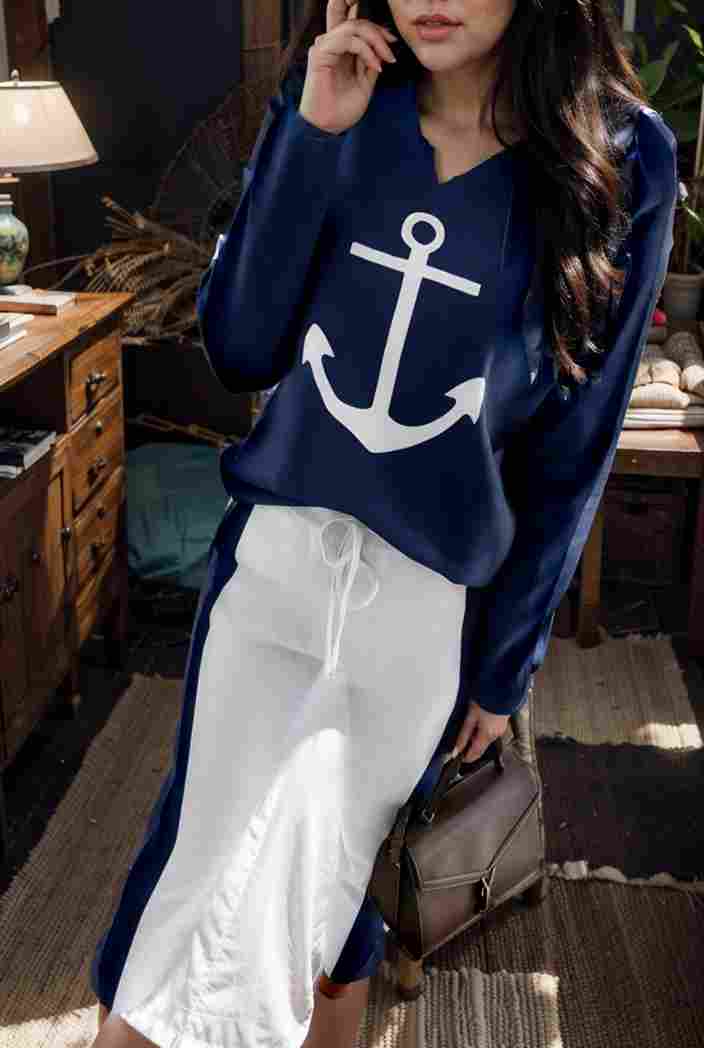 anchor print v neck long sleeve t shirt trousers two piece suit 140426