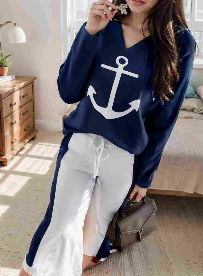 anchor print v neck long sleeve t shirt trousers two piece suit 121181