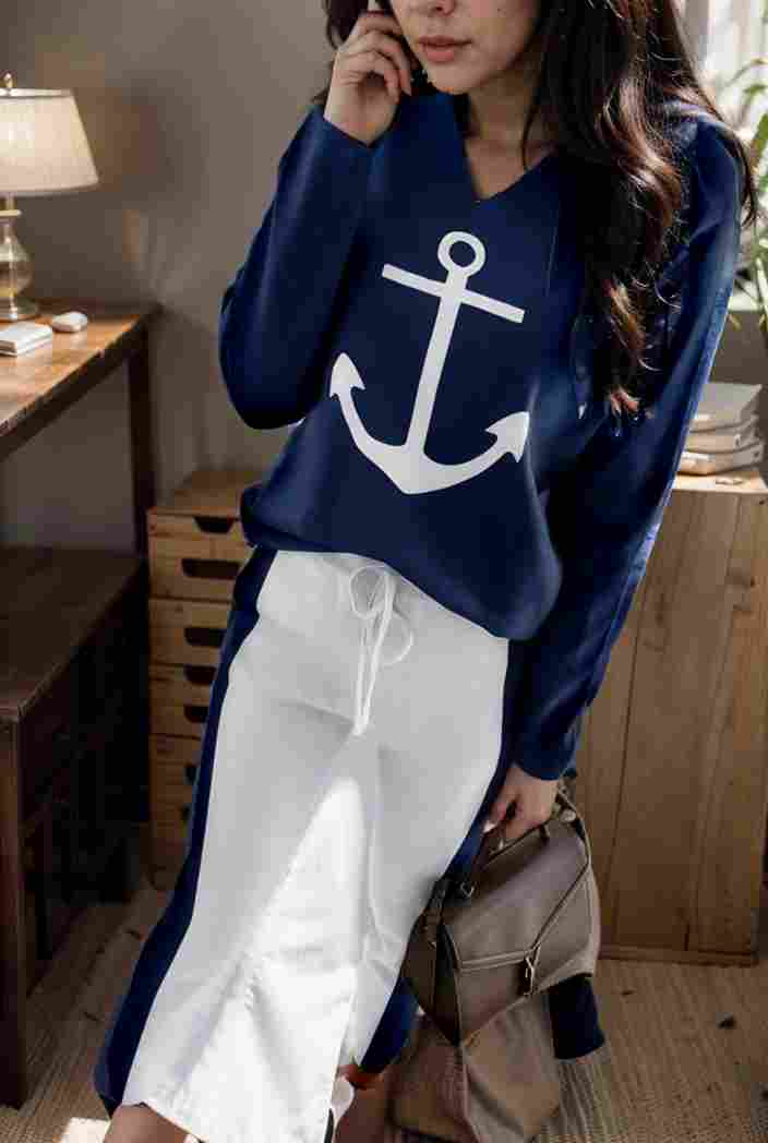 anchor print v neck long sleeve t shirt trousers two piece suit 100005