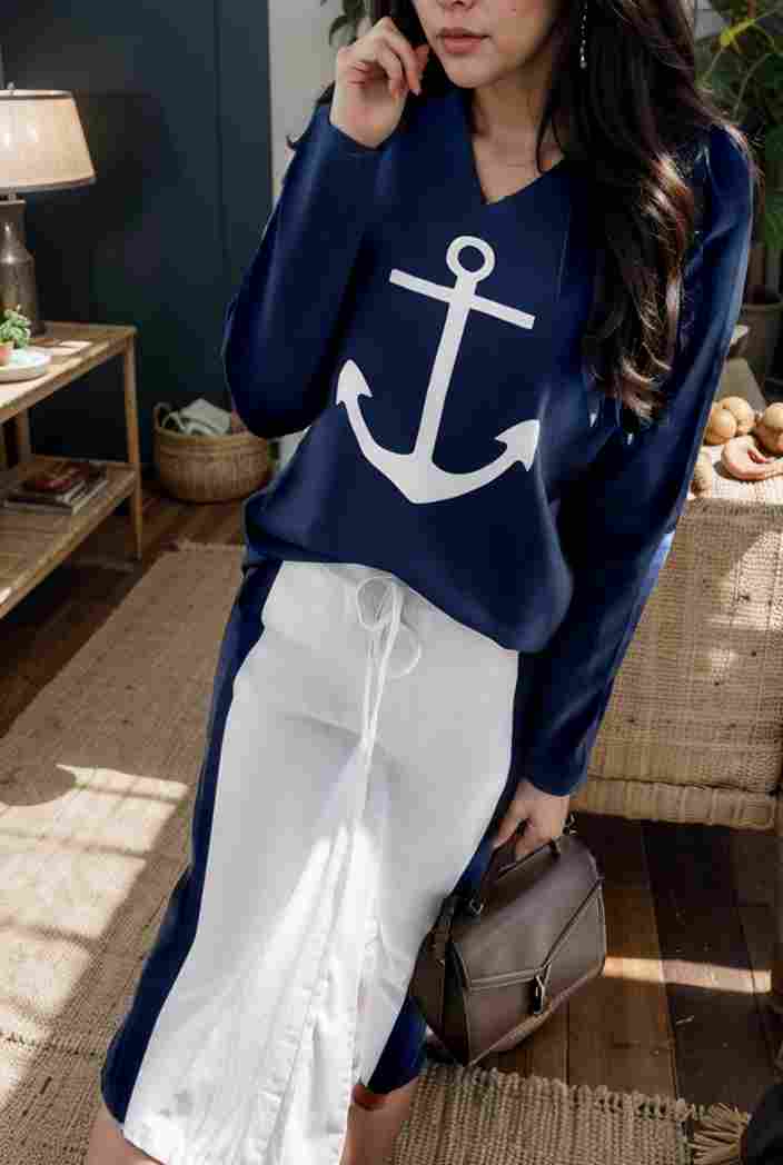 anchor print v neck long sleeve t shirt trousers two piece suit 133999