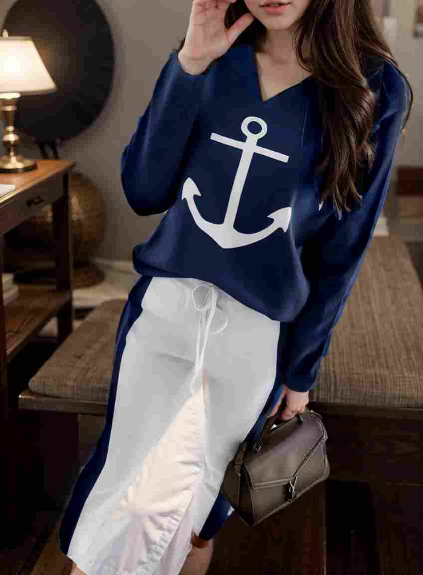 anchor print v neck long sleeve t shirt trousers two piece suit 110531