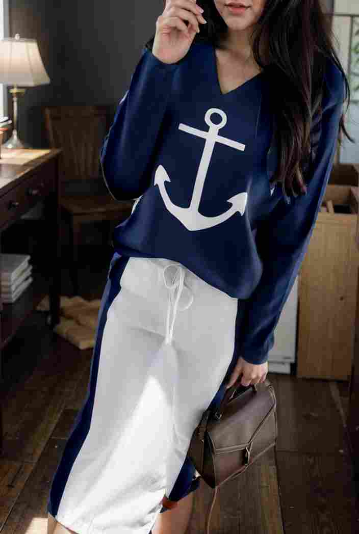 anchor print v neck long sleeve t shirt trousers two piece suit 104813