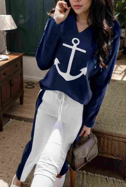 anchor print v neck long sleeve t shirt trousers two piece suit 134765