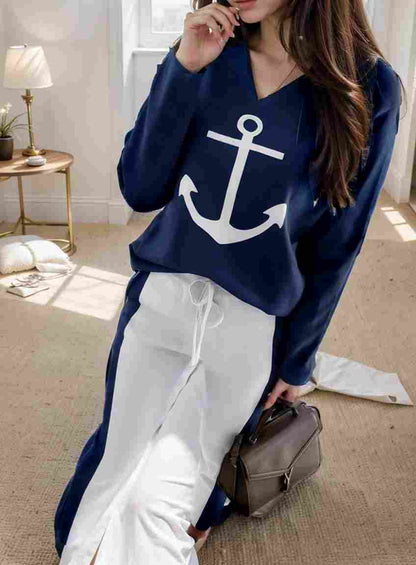 anchor print v neck long sleeve t shirt trousers two piece suit 103972