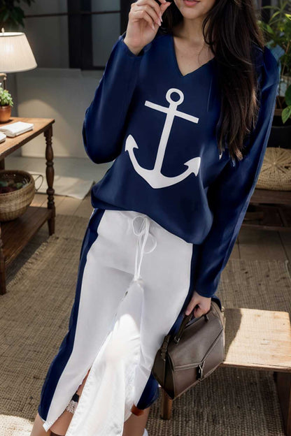 anchor print v neck long sleeve t shirt trousers two piece suit 104811