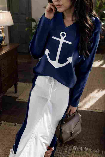 anchor print v neck long sleeve t shirt trousers two piece suit 136985