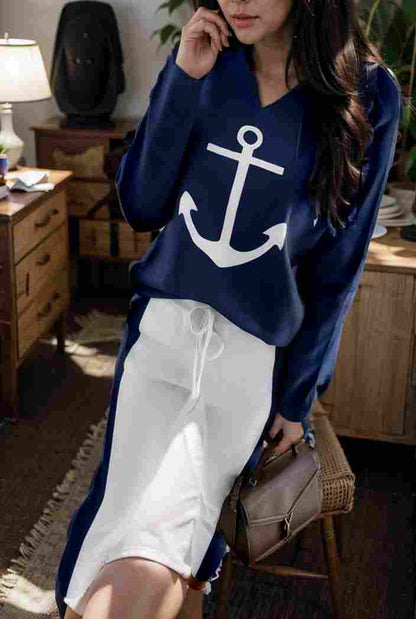 anchor print v neck long sleeve t shirt trousers two piece suit 111156