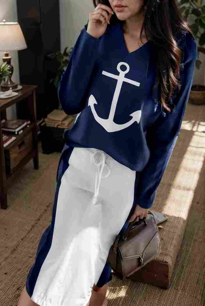 anchor print v neck long sleeve t shirt trousers two piece suit 120620