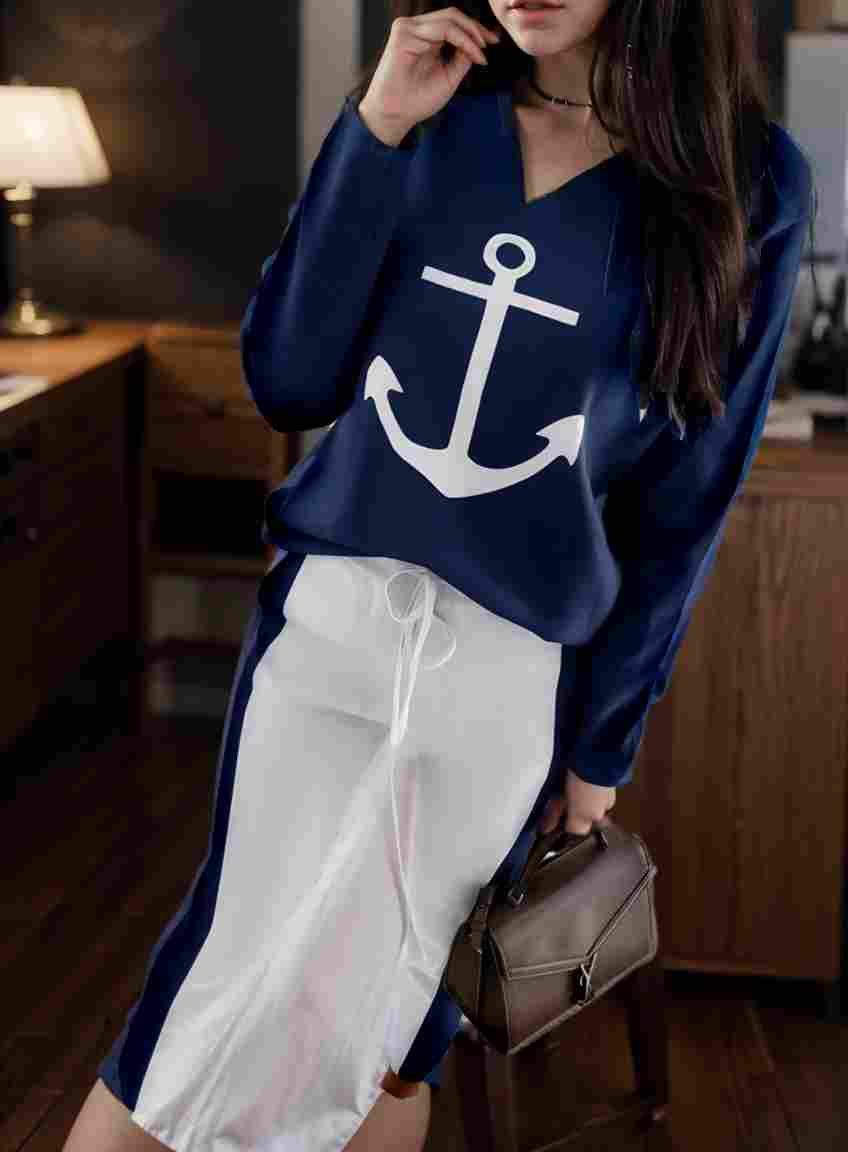 anchor print v neck long sleeve t shirt trousers two piece suit 111746