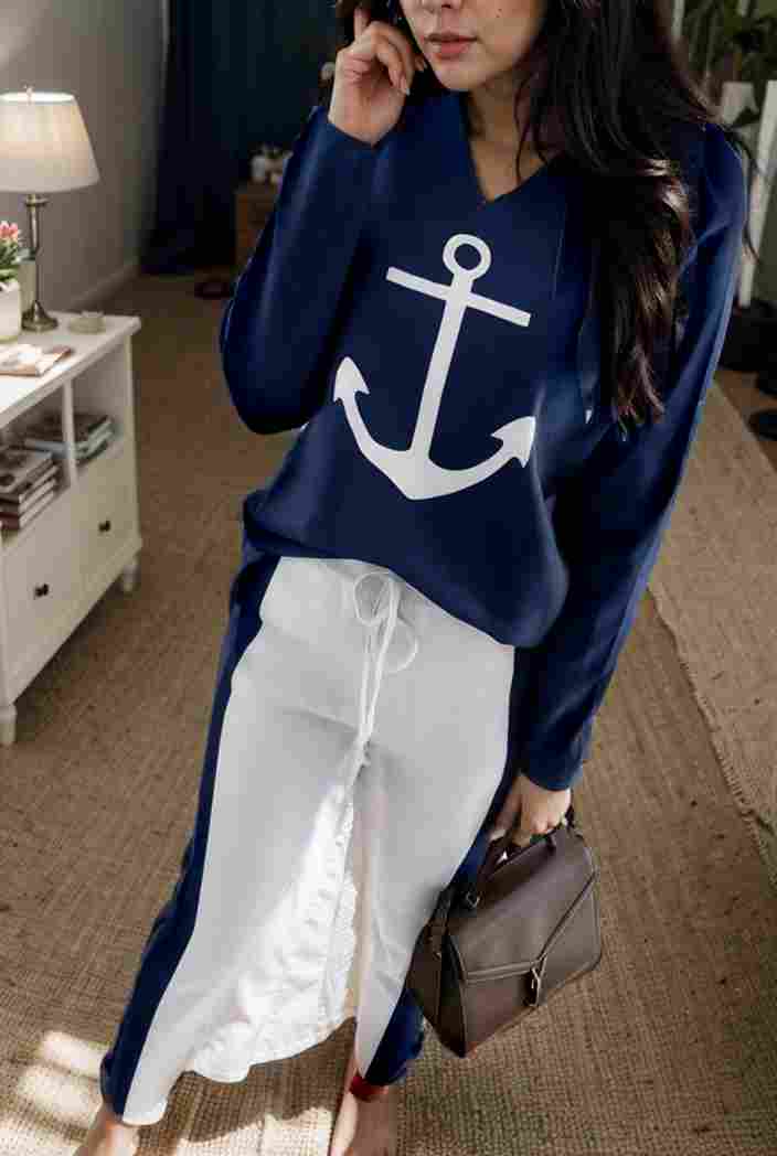 anchor print v neck long sleeve t shirt trousers two piece suit 114725