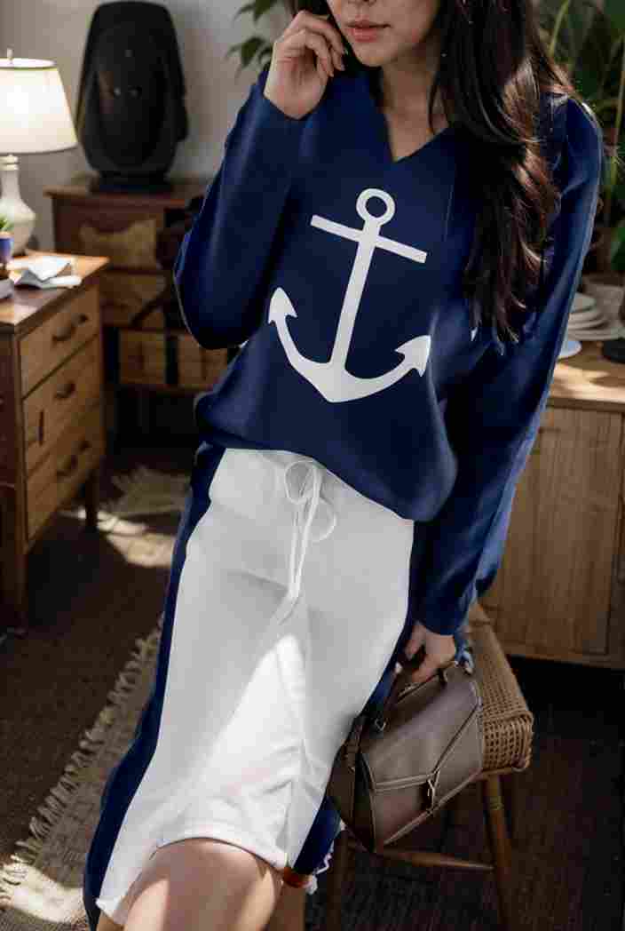 anchor print v neck long sleeve t shirt trousers two piece suit 136440