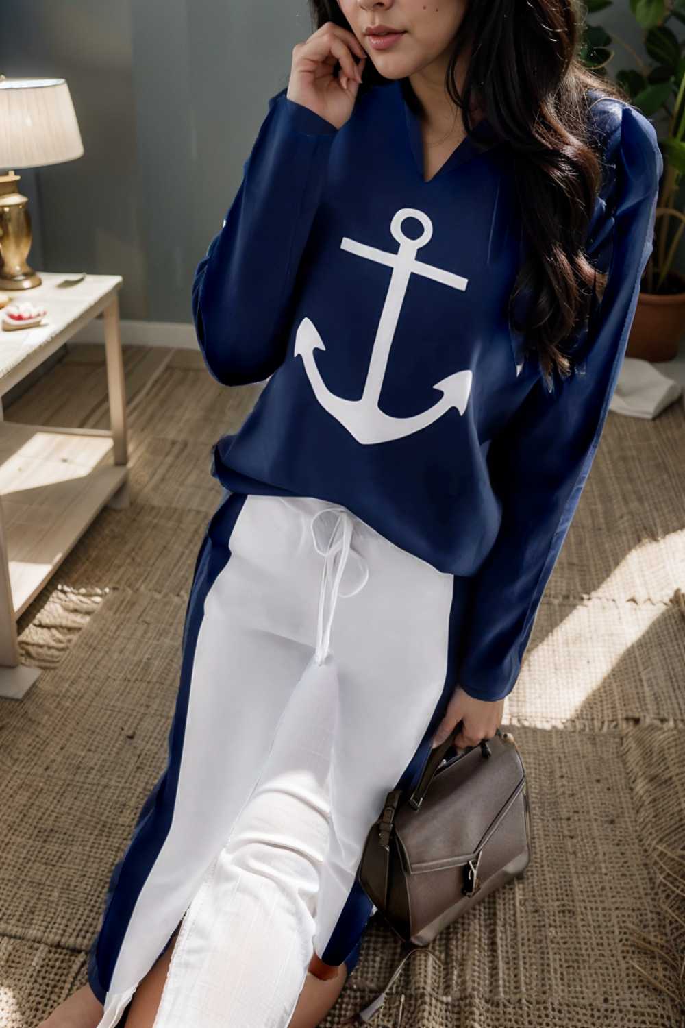 anchor print v neck long sleeve t shirt trousers two piece suit 124606