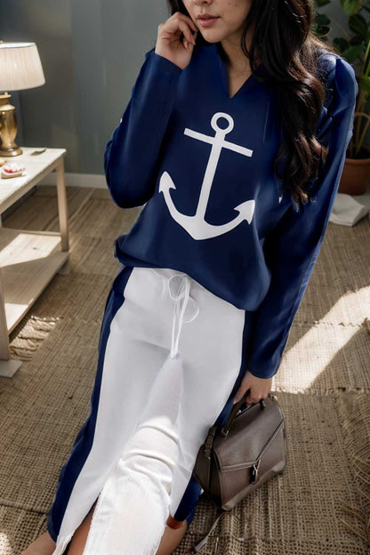 anchor print v neck long sleeve t shirt trousers two piece suit 124606