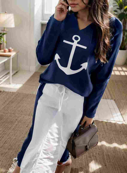 anchor print v neck long sleeve t shirt trousers two piece suit 132218