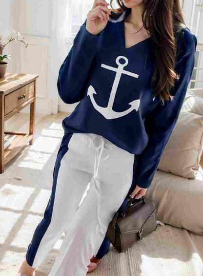 anchor print v neck long sleeve t shirt trousers two piece suit 108992