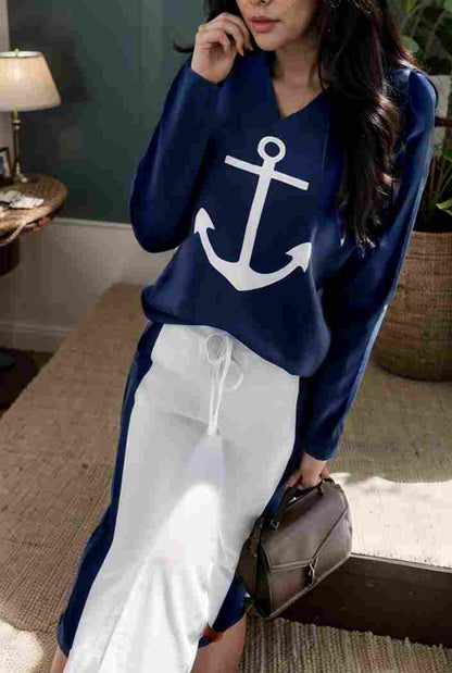 anchor print v neck long sleeve t shirt trousers two piece suit 108899