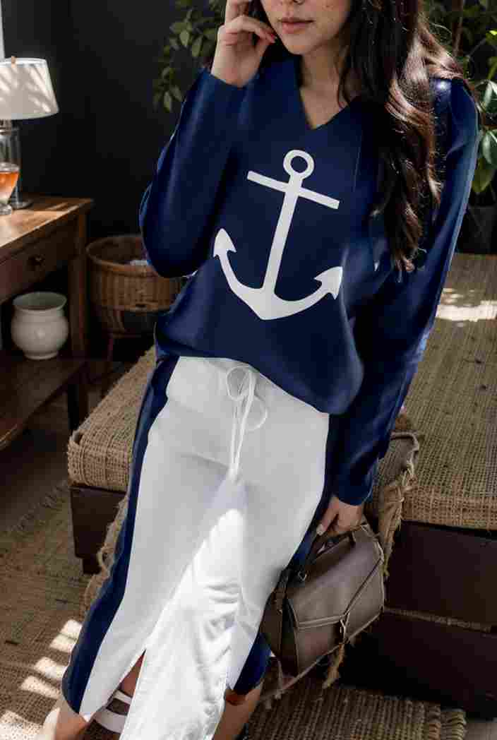 anchor print v neck long sleeve t shirt trousers two piece suit 100947