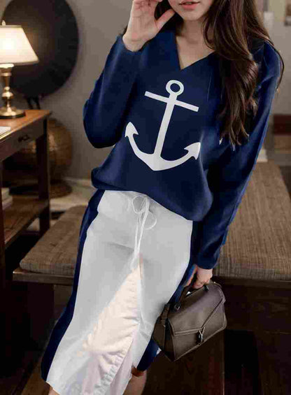 anchor print v neck long sleeve t shirt trousers two piece suit 138683