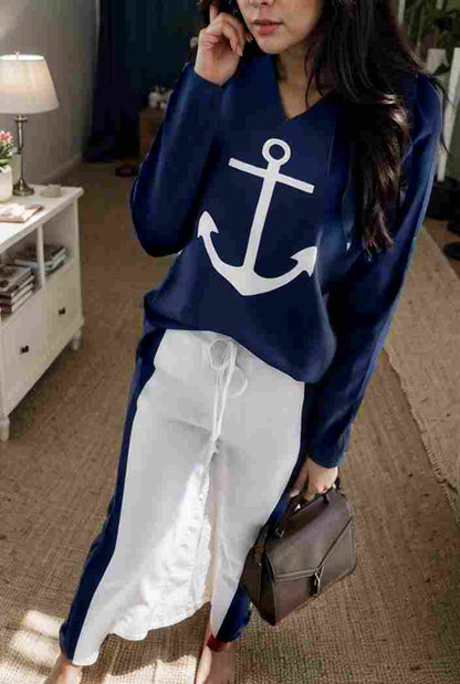 anchor print v neck long sleeve t shirt trousers two piece suit 137931