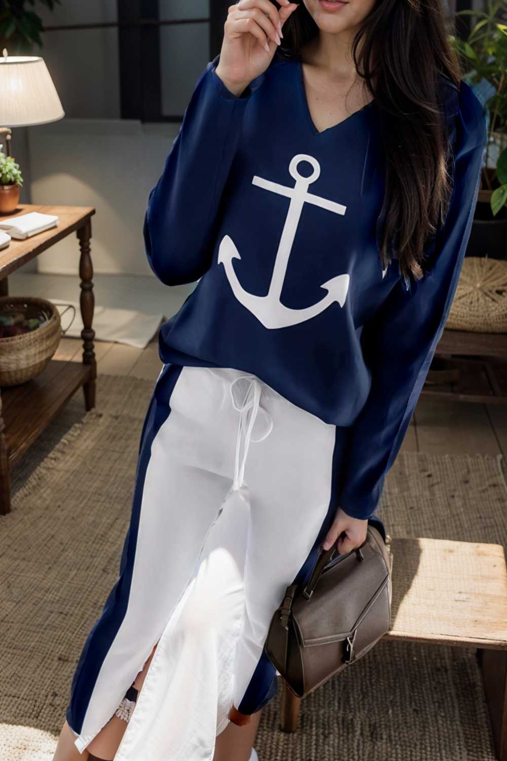 anchor print v neck long sleeve t shirt trousers two piece suit 102083