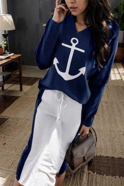 anchor print v neck long sleeve t shirt trousers two piece suit 122973