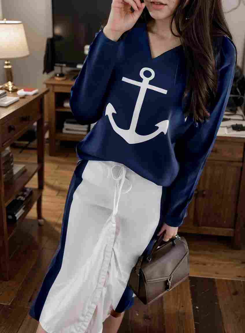 anchor print v neck long sleeve t shirt trousers two piece suit 103494