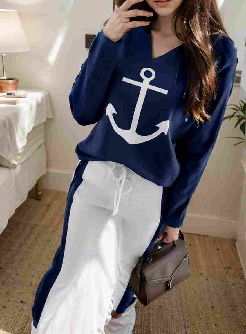 anchor print v neck long sleeve t shirt trousers two piece suit 132959