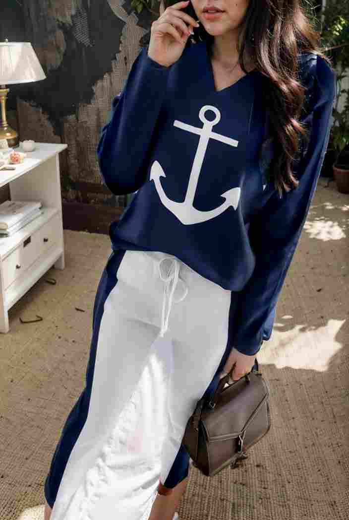 anchor print v neck long sleeve t shirt trousers two piece suit 122362