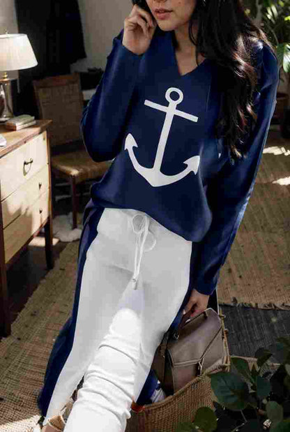 anchor print v neck long sleeve t shirt trousers two piece suit 139371