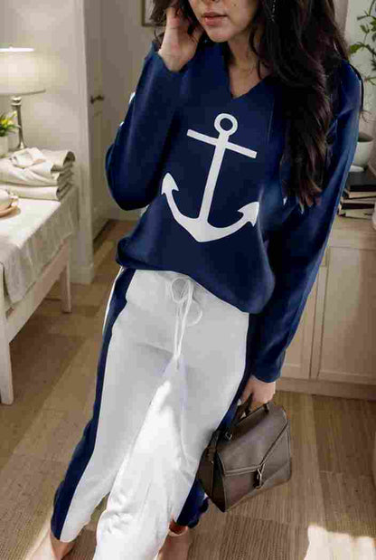 anchor print v neck long sleeve t shirt trousers two piece suit 107003