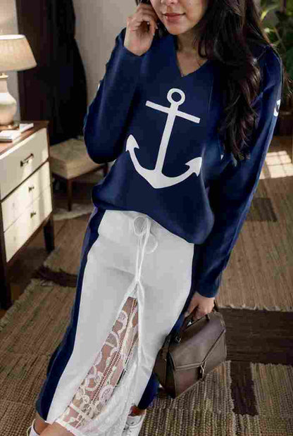 anchor print v neck long sleeve t shirt trousers two piece suit 116969