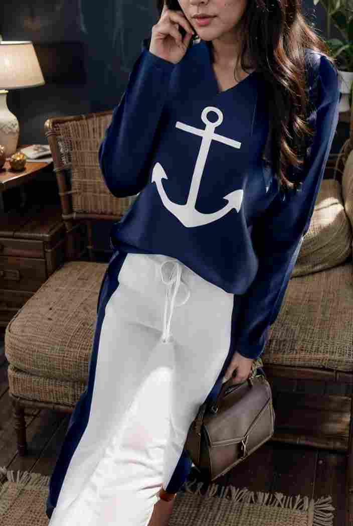 anchor print v neck long sleeve t shirt trousers two piece suit 139055