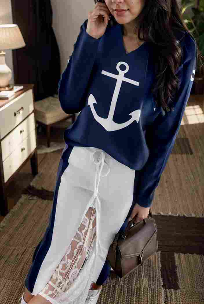 anchor print v neck long sleeve t shirt trousers two piece suit 133107