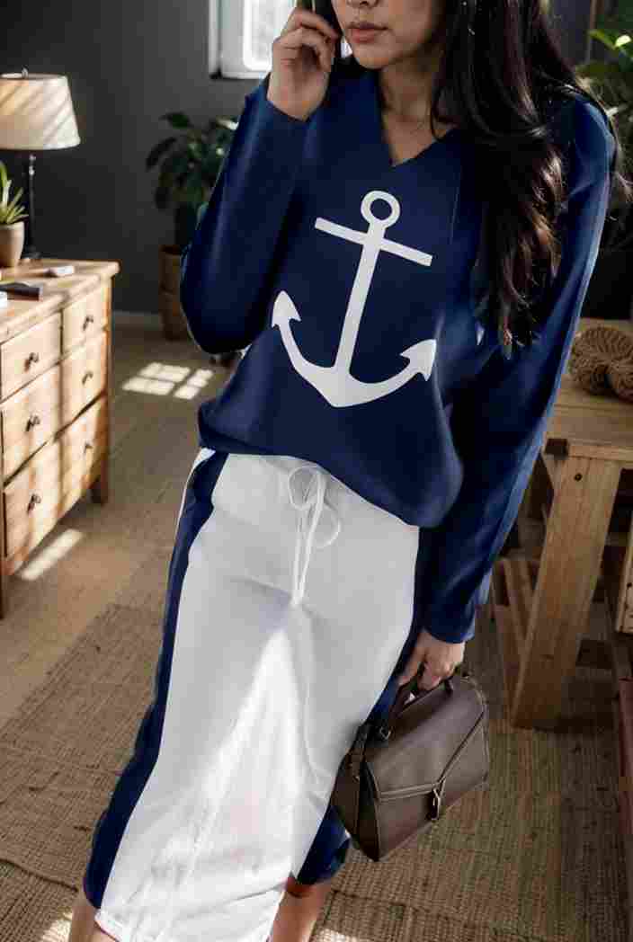 anchor print v neck long sleeve t shirt trousers two piece suit 100006