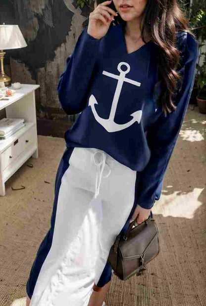 anchor print v neck long sleeve t shirt trousers two piece suit 121673