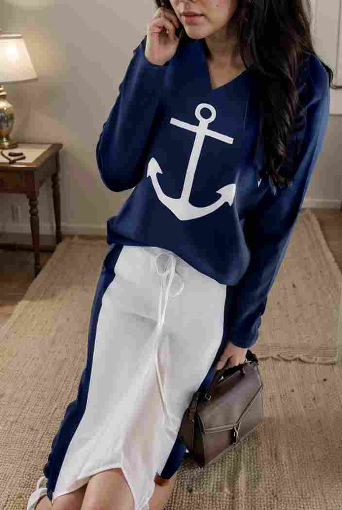 anchor print v neck long sleeve t shirt trousers two piece suit 118013