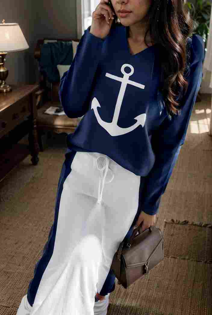 anchor print v neck long sleeve t shirt trousers two piece suit 106734