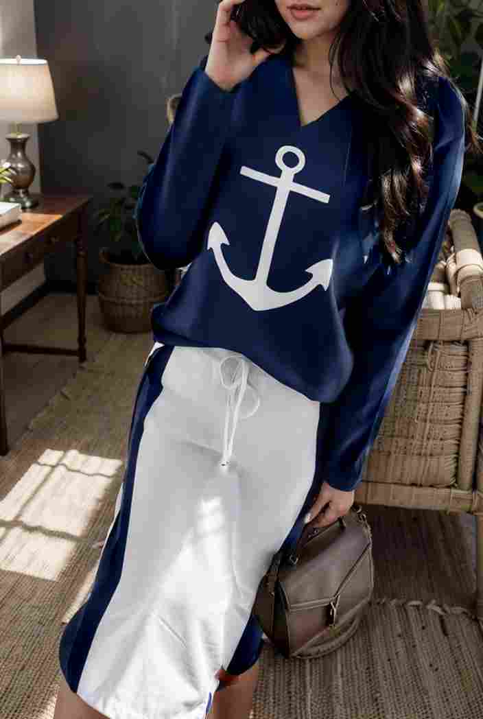 anchor print v neck long sleeve t shirt trousers two piece suit 103729