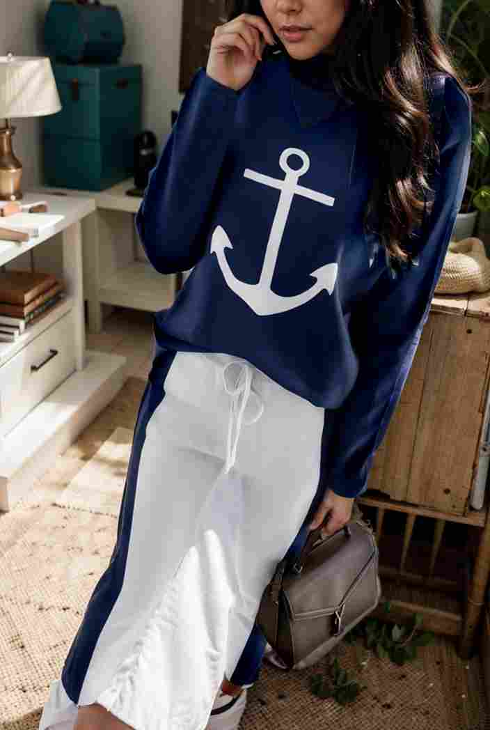 anchor print v neck long sleeve t shirt trousers two piece suit 136436