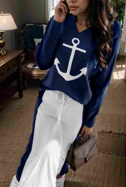 anchor print v neck long sleeve t shirt trousers two piece suit 145159