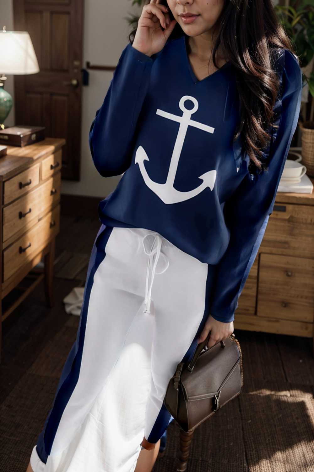 anchor print v neck long sleeve t shirt trousers two piece suit 134155