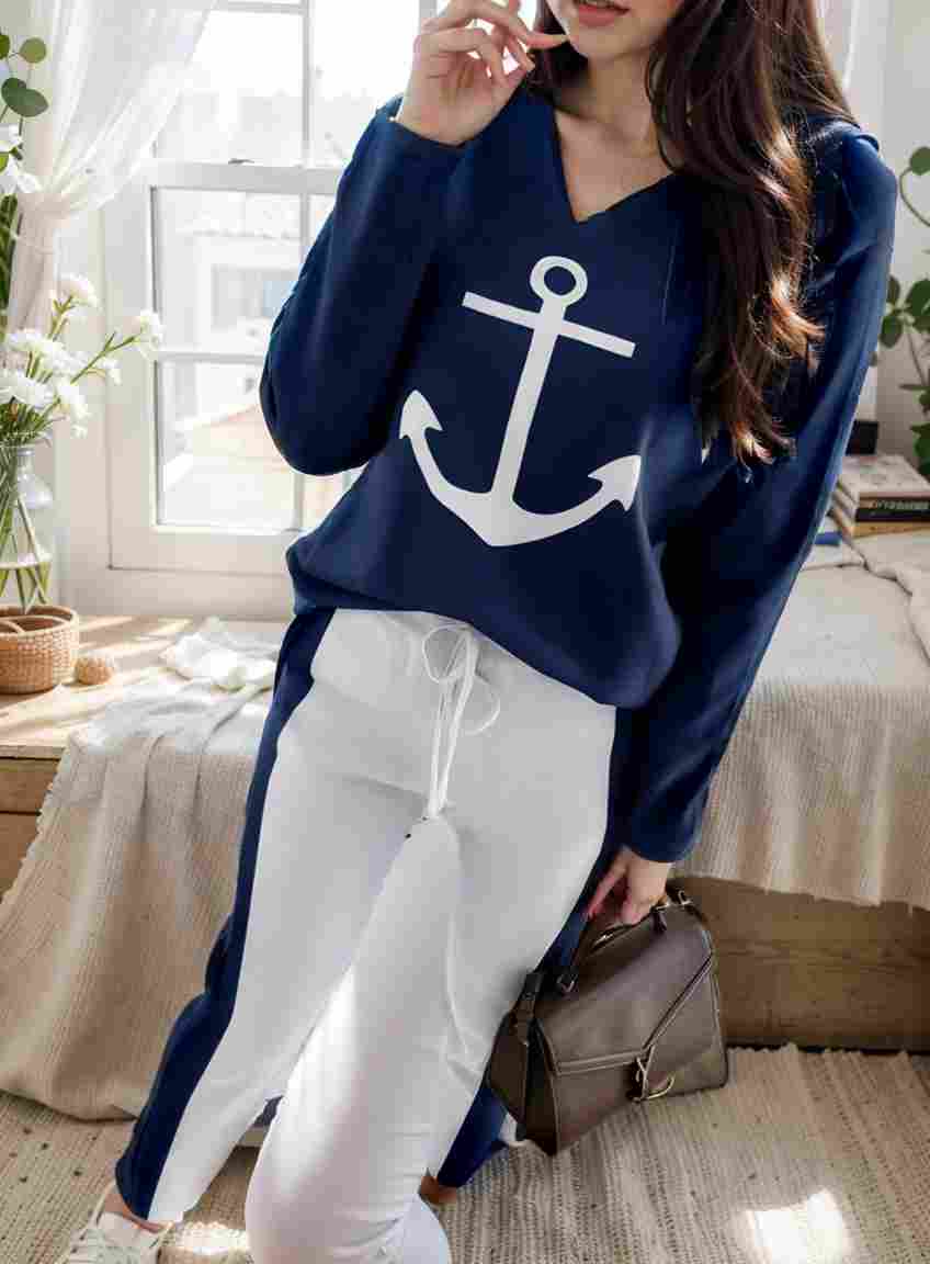 anchor print v neck long sleeve t shirt trousers two piece suit 118893