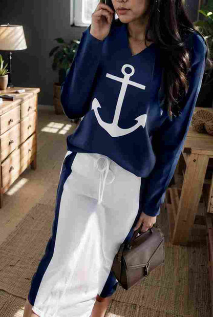 anchor print v neck long sleeve t shirt trousers two piece suit 116846