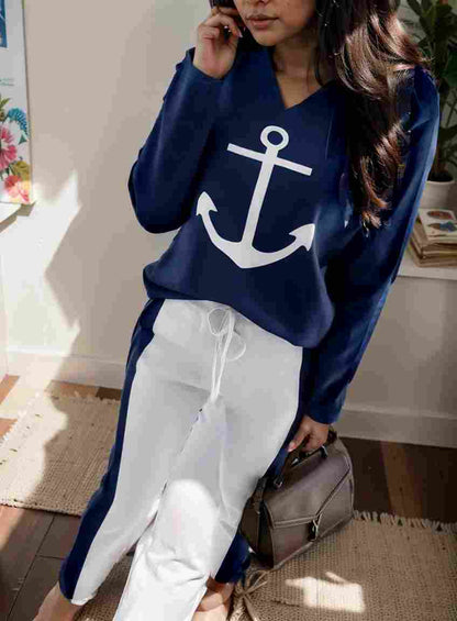 anchor print v neck long sleeve t shirt trousers two piece suit 113031