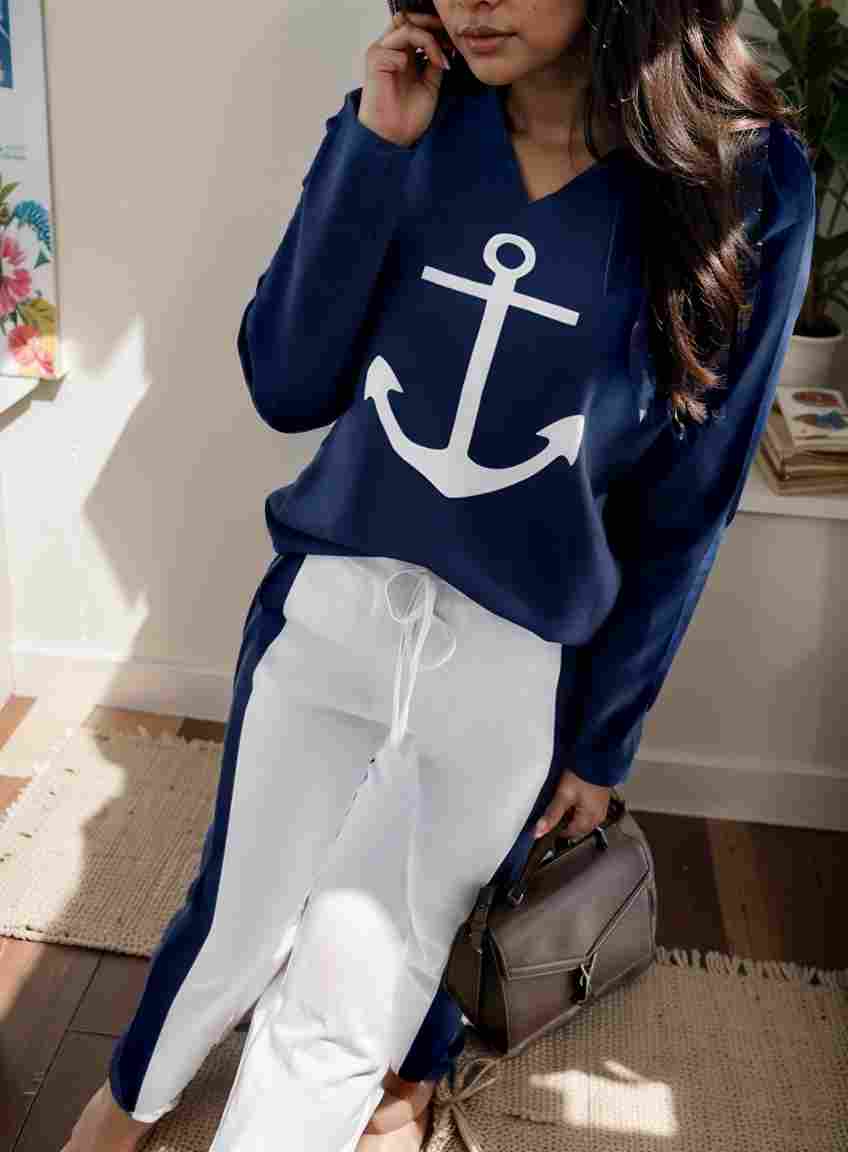 anchor print v neck long sleeve t shirt trousers two piece suit 145488