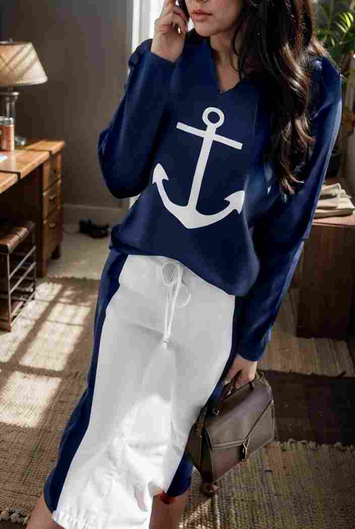 anchor print v neck long sleeve t shirt trousers two piece suit 147042