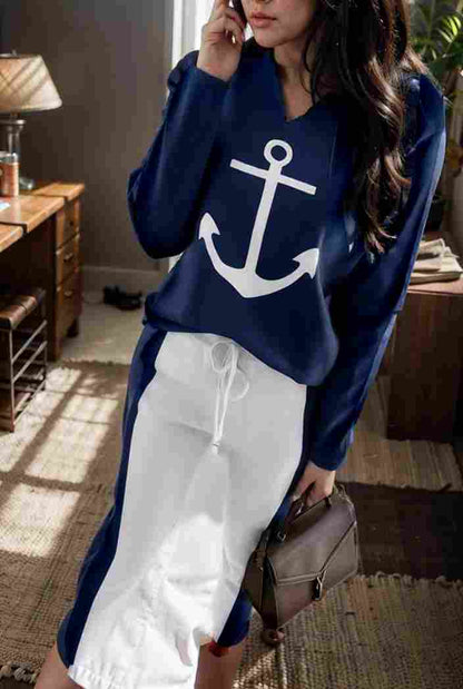 anchor print v neck long sleeve t shirt trousers two piece suit 147042