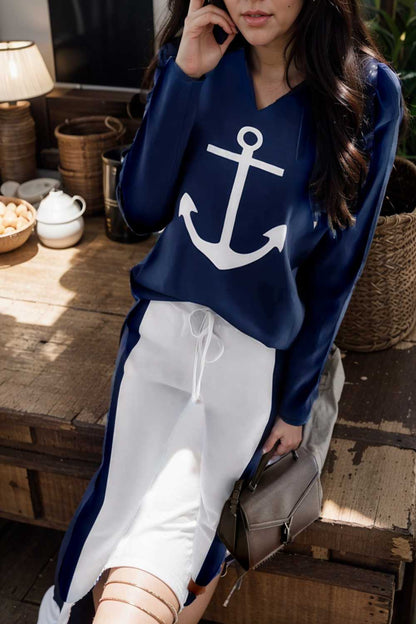 anchor print v neck long sleeve t shirt trousers two piece suit 118949