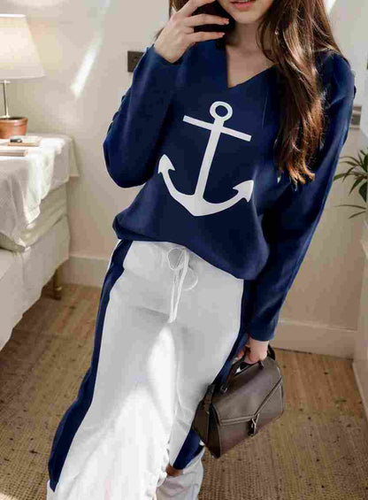 anchor print v neck long sleeve t shirt trousers two piece suit 113282